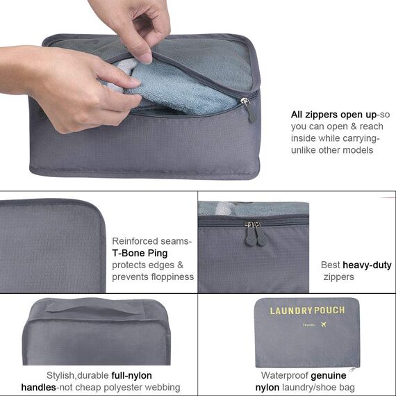 Vicloon Koffer Organizer, 8-in-1-Set Gepäck Organizer, wasserdichte Reise Kleidertaschen umfassen 2 Schuhbeutel, 3 Packwürfel und 3 Aufbewahrungsbeutel, für Kleidung Schuhe Kosmetik - Grau
