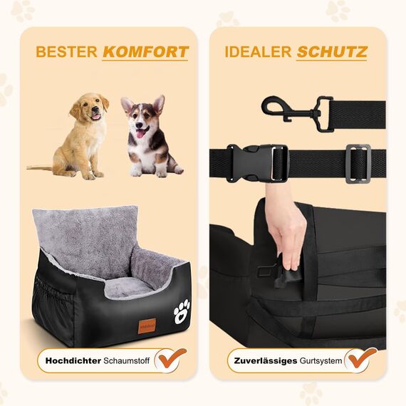 Trhillsbrad Hunde Autositz, 70x60x45cm, 2 Ansteckbare, Verstellbare Sicherheitsleinen, Auto-Hundebett für kleine Hunde, komplett Abnehmbarer und Waschbarer Autositz für Haustiere mit 2 Aufbewahrungs