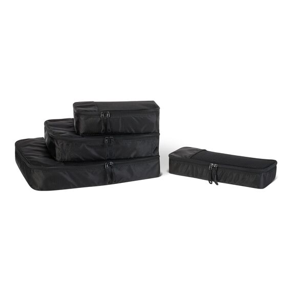 Amazon Essentials 4-teiliges Packwürfel-Reisezubehörset, Gepäckorganizer mit Doppelreißverschluss, Netzoberseite, 100% Polyester, klein/mittel/groß/schmal, schwarz (früher Amazon Basics)