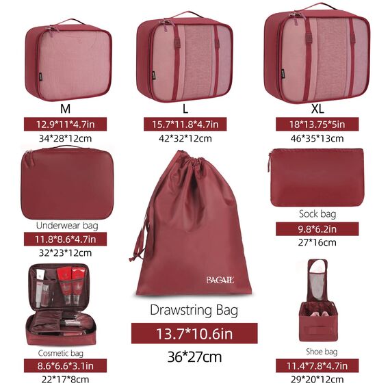 BAGAIL 8 Teilige Packwürfel, Kleidertaschen, Packing Cubes, Verpackungswürfel, Packtaschen Set für Urlaub und Reisen, Kofferorganizer Reise Würfel, Ordnungssystem für Koffer
