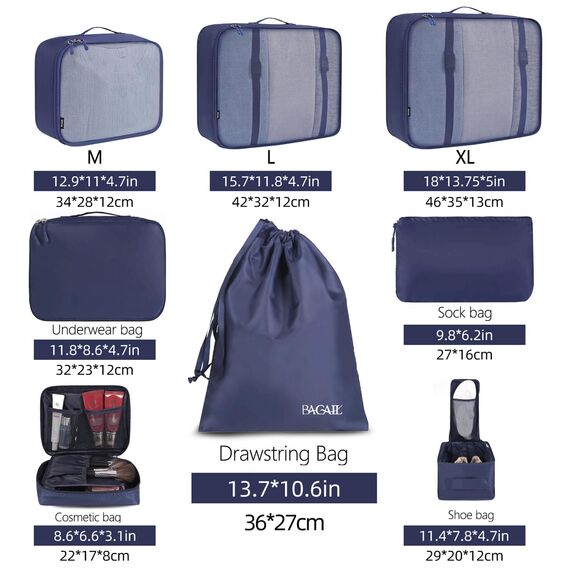 BAGAIL 8 Teilige Packwürfel, Kleidertaschen, Packing Cubes, Verpackungswürfel, Packtaschen Set für Urlaub und Reisen, Kofferorganizer Reise Würfel, Ordnungssystem für Koffer