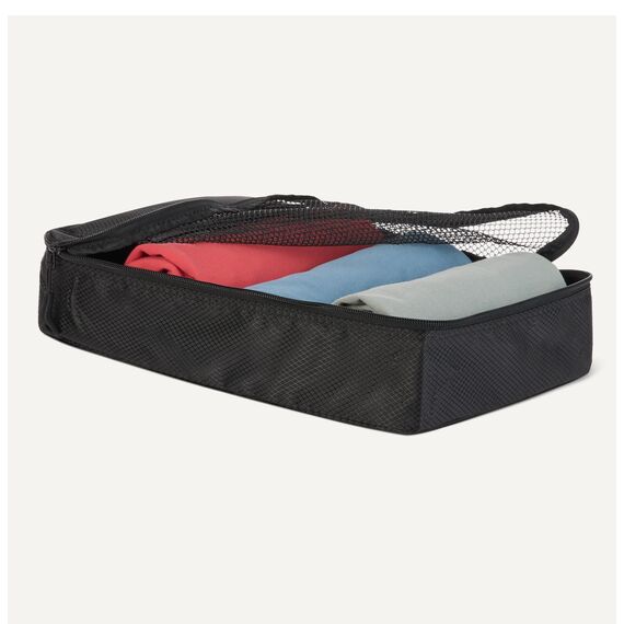 Amazon Essentials 4-teiliges Packwürfel-Reisezubehörset, Gepäckorganizer mit Doppelreißverschluss, Netzoberseite, 100% Polyester, klein/mittel/groß/schmal, schwarz (früher Amazon Basics)
