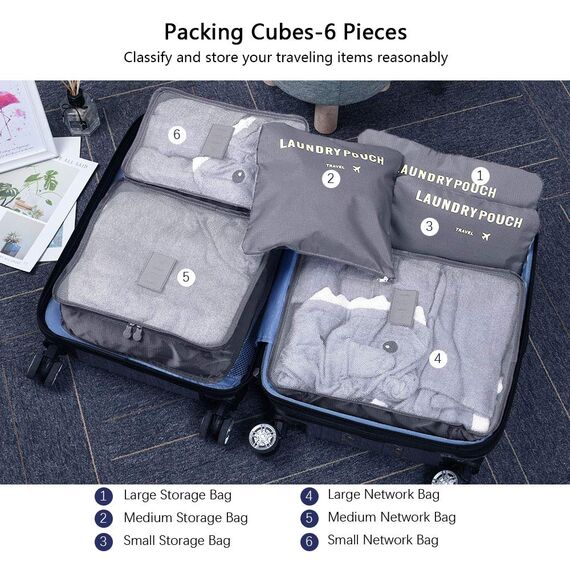 Vicloon Koffer Organizer, 8-in-1-Set Gepäck Organizer, wasserdichte Reise Kleidertaschen umfassen 2 Schuhbeutel, 3 Packwürfel und 3 Aufbewahrungsbeutel, für Kleidung Schuhe Kosmetik - Grau