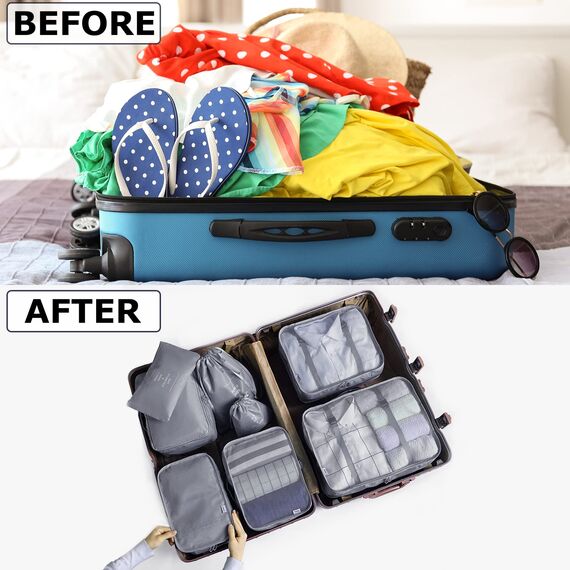BillyBath Koffer Organizer set, Packing Cubes Kleidertaschen Schuhbeutel Reiseorganizer Packwürfel Kosmetik Travel Organizer Packtaschen für Koffer (8 teilig, Grau)