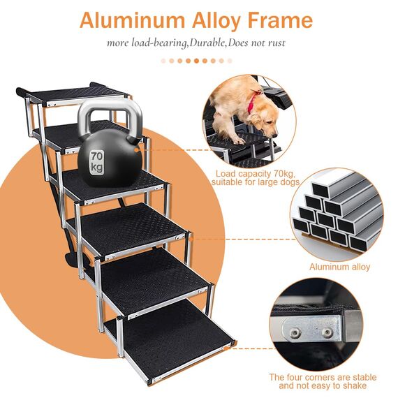 Hundetreppe Auto, 6 Stufen Hunderampe Auto Klappbar bis 85kg, für Große Hunde & ältere Tiere, Hundeleiter Aluminium 80cm Hoch, Für Lastwagen und SUV