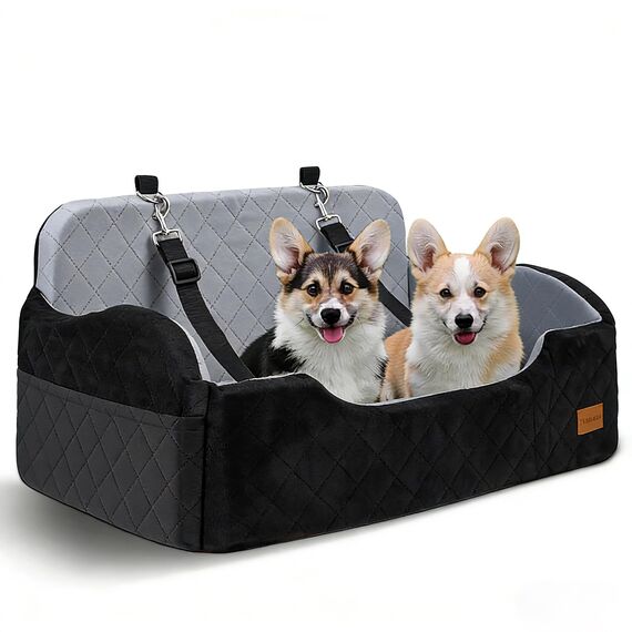 Hunde autositz für mittlerer/große Hunde, 2 Klipsbare Verstellbare Sicherheitsleine, Autohundebett für 2 Kleine Hundes, Vollständig Abnehmbare und Waschbare Karzsitz Aufbewahrungstaschen (Schwarz)
