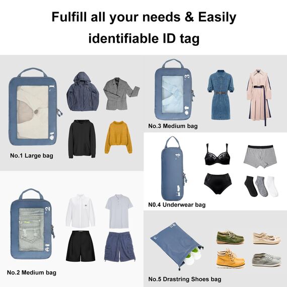 ECOHUB 5 Teilige Kompression Koffer Organizer Set für Rucksack Compression Packing Cubes Packwürfel Kofferorganizer Packtaschen Kleidertaschen für Koffer Reiseorganizer(Reines Blau)