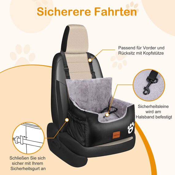 Trhillsbrad Hunde Autositz, 70x60x45cm, 2 Ansteckbare, Verstellbare Sicherheitsleinen, Auto-Hundebett für kleine Hunde, komplett Abnehmbarer und Waschbarer Autositz für Haustiere mit 2 Aufbewahrungs