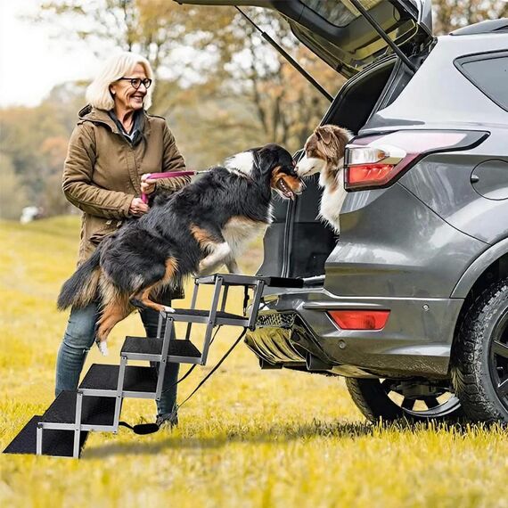 Hundetreppe Auto, 6 Stufen Hunderampe Auto Klappbar bis 85kg, für Große Hunde & ältere Tiere, Hundeleiter Aluminium 80cm Hoch, Für Lastwagen und SUV