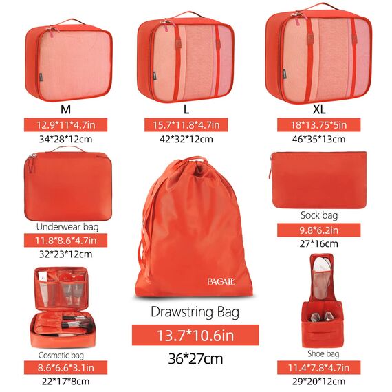 BAGAIL 8 Teilige Packwürfel, Kleidertaschen, Packing Cubes, Verpackungswürfel, Packtaschen Set für Urlaub und Reisen, Kofferorganizer Reise Würfel, Ordnungssystem für Koffer