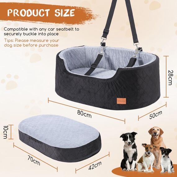 Hunde Autositz für große/mittlere Hunde, Pet Booster Sitz für Autos, SUVs und Lastwagen, Reisehundebett mit Sicherheitsgurt, Dickem Kissen, rutschfestem Boden, waschbar und tragbar (Schwarz)