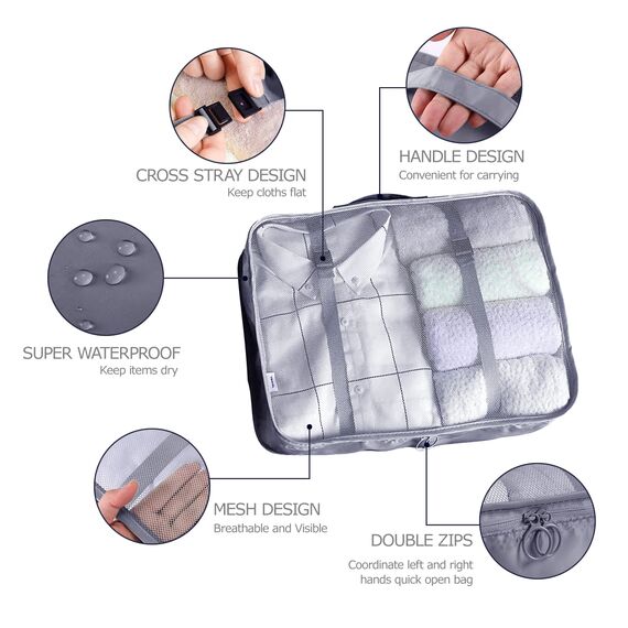 BillyBath Koffer Organizer set, Packing Cubes Kleidertaschen Schuhbeutel Reiseorganizer Packwürfel Kosmetik Travel Organizer Packtaschen für Koffer (8 teilig, Grau)