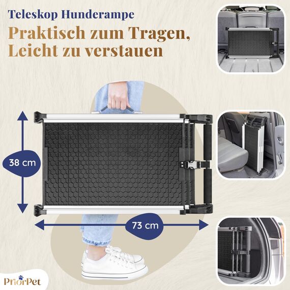Hunderampe Auto Klappbar - Stabile und Rutschfeste Hundeleiter Auto & SUV bis zu 90kg Belastbar - Teleskop Alu Rampe für große Hunde - Reflektierende Seiten - Hundetreppe - Befestigungsclip, Anthrazit