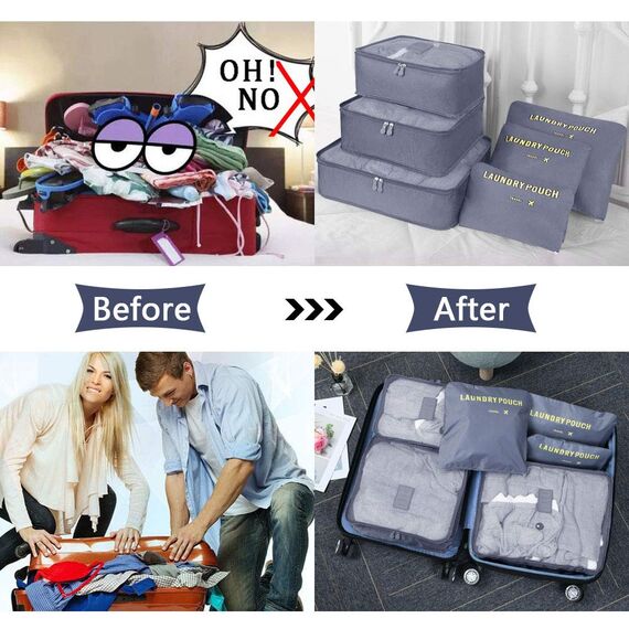 Vicloon Koffer Organizer, 8-in-1-Set Gepäck Organizer, wasserdichte Reise Kleidertaschen umfassen 2 Schuhbeutel, 3 Packwürfel und 3 Aufbewahrungsbeutel, für Kleidung Schuhe Kosmetik - Grau