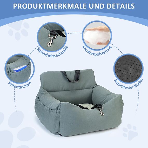 CALIYO Hundeautositz mit Stabiler Basis & Sicherheitsgurt | Hundesitz Auto für Kleine bis 10 kg | Memory Foam-Sitzauflage | Wasserdichter, Abwaschbarer Hundekorb mit Aufbewahrungstasche(Grau-Grün)