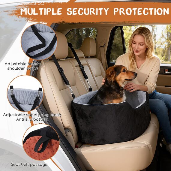 Hunde Autositz für große/mittlere Hunde, Pet Booster Sitz für Autos, SUVs und Lastwagen, Reisehundebett mit Sicherheitsgurt, Dickem Kissen, rutschfestem Boden, waschbar und tragbar (Schwarz)