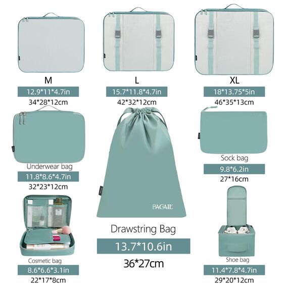 BAGAIL 8 Teilige Packwürfel, Kleidertaschen, Packing Cubes, Verpackungswürfel, Packtaschen Set für Urlaub und Reisen, Kofferorganizer Reise Würfel, Ordnungssystem für Koffer