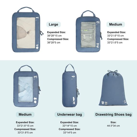 ECOHUB 5 Teilige Kompression Koffer Organizer Set für Rucksack Compression Packing Cubes Packwürfel Kofferorganizer Packtaschen Kleidertaschen für Koffer Reiseorganizer(Reines Blau)