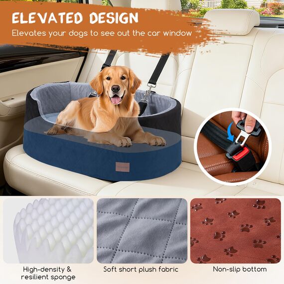 Hunde Autositz für große/mittlere Hunde, Pet Booster Sitz für Autos, SUVs und Lastwagen, Reisehundebett mit Sicherheitsgurt, Dickem Kissen, rutschfestem Boden, waschbar und tragbar (Schwarz)
