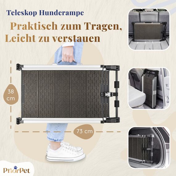Hunderampe Auto Klappbar - Stabile und Rutschfeste Hundeleiter Auto & SUV bis zu 90kg Belastbar - Teleskop Alu Rampe für große Hunde - Reflektierende Seiten - Hundetreppe - Befestigungsclip, Anthrazit
