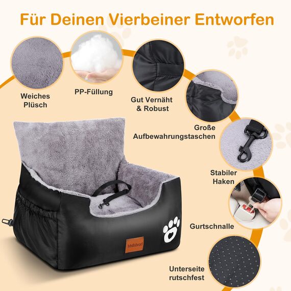 Trhillsbrad Hunde Autositz, 70x60x45cm, 2 Ansteckbare, Verstellbare Sicherheitsleinen, Auto-Hundebett für kleine Hunde, komplett Abnehmbarer und Waschbarer Autositz für Haustiere mit 2 Aufbewahrungs