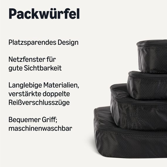 Amazon Essentials 4-teiliges Packwürfel-Reisezubehörset, Gepäckorganizer mit Doppelreißverschluss, Netzoberseite, 100% Polyester, klein/mittel/groß/schmal, schwarz (früher Amazon Basics)