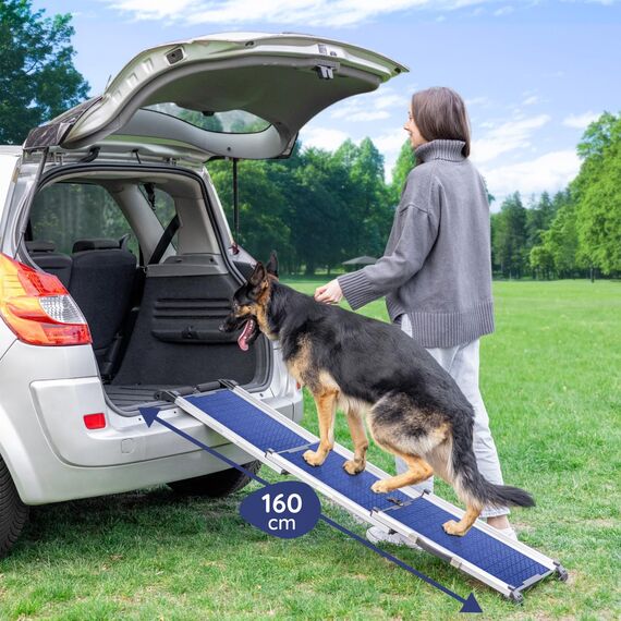 Hunderampe Auto Klappbar- Teleskop Alu Rampe für große Hunde - Stabile Hundetreppe Auto & SUV - rutschfest - Reflektierende Seiten - Hundeleiter Auto - 90kg Belastbarkeit - Befestigungsclip - Blau