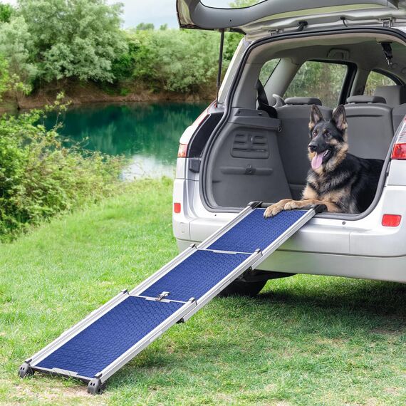 Hunderampe Auto Klappbar- Teleskop Alu Rampe für große Hunde - Stabile Hundetreppe Auto & SUV - rutschfest - Reflektierende Seiten - Hundeleiter Auto - 90kg Belastbarkeit - Befestigungsclip - Blau