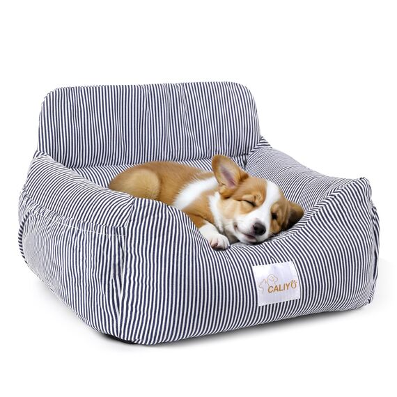 CALIYO Hundeautositz mit Stabiler Basis & Sicherheitsgurt | Hundesitz Auto für Kleine bis 10 kg | Memory Foam-Sitzauflage | Wasserdichter, Abwaschbarer Hundekorb mit Aufbewahrungstasche (Blau/Weiß)