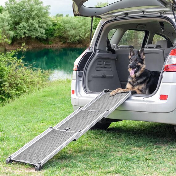 Hunderampe Auto Klappbar- Teleskop Alu Rampe für große Hunde - Stabile Hundetreppe Auto & SUV - rutschfest - Reflektierende Seiten - Hundeleiter Auto - 90kg Belastbarkeit - Befestigungsclip - Grau