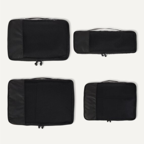 Amazon Essentials 4-teiliges Packwürfel-Reisezubehörset, Gepäckorganizer mit Doppelreißverschluss, Netzoberseite, 100% Polyester, klein/mittel/groß/schmal, schwarz (früher Amazon Basics)