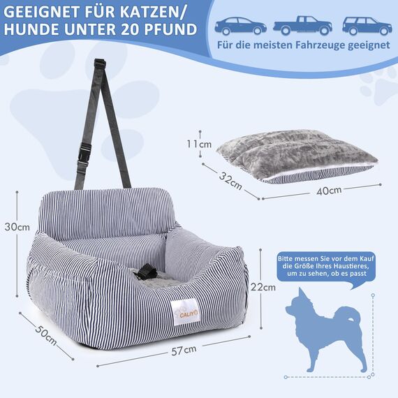 CALIYO Hundeautositz mit Stabiler Basis & Sicherheitsgurt | Hundesitz Auto für Kleine bis 10 kg | Memory Foam-Sitzauflage | Wasserdichter, Abwaschbarer Hundekorb mit Aufbewahrungstasche (Blau/Weiß)