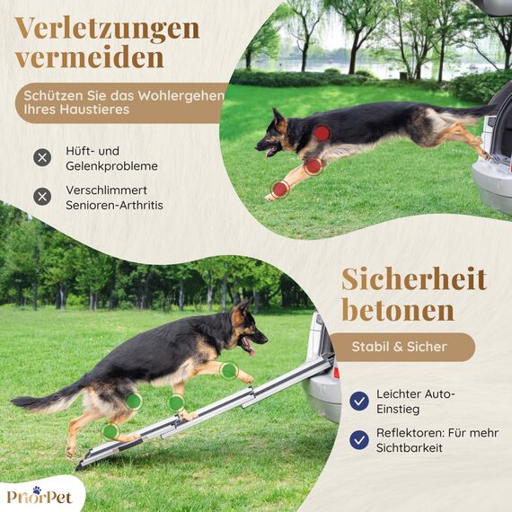 Hunderampe Auto Klappbar - Stabile und Rutschfeste Hundeleiter Auto & SUV bis zu 90kg Belastbar - Teleskop Alu Rampe für große Hunde - Reflektierende Seiten - Hundetreppe - Befestigungsclip, Anthrazit