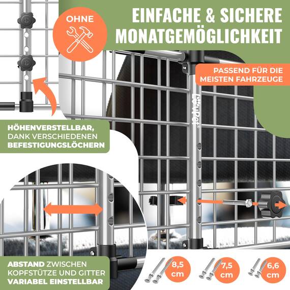 LOVPET® Hundegitter Auto Kofferraum – Universal Trenngitter für Hunde, verstellbar 92–152 cm, ohne Bohren & einfache Montage, Hundeschutzgitter Gepäckgitter Auto inkl. 2 Sicherheitsgurte, Grau