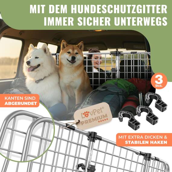 LOVPET® Hundegitter Auto Kofferraum – Universal Trenngitter für Hunde, verstellbar 92–152 cm, ohne Bohren & einfache Montage, Hundeschutzgitter Gepäckgitter Auto inkl. 2 Sicherheitsgurte, Grau