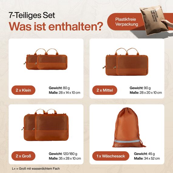 TRAVEL DUDE Packwürfel Set mit Kompression aus recycelten Plastikflaschen, Leichte Packing Cubes, Packtaschen Set für Rucksack und als Koffer Organizer, Zubehör (Burnt Orange, 7-teiliges Set)