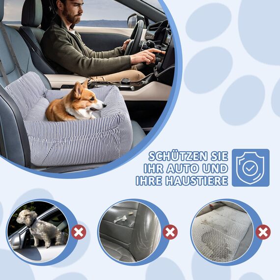 CALIYO Hundeautositz mit Stabiler Basis & Sicherheitsgurt | Hundesitz Auto für Kleine bis 10 kg | Memory Foam-Sitzauflage | Wasserdichter, Abwaschbarer Hundekorb mit Aufbewahrungstasche (Blau/Weiß)
