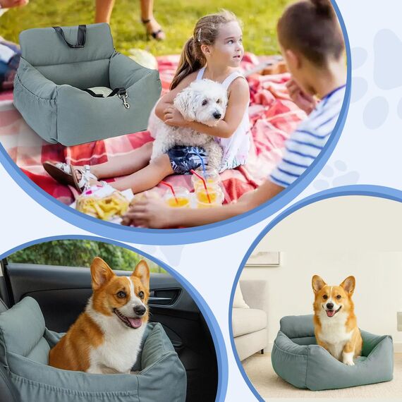 CALIYO Hundeautositz mit Stabiler Basis & Sicherheitsgurt | Hundesitz Auto für Kleine bis 10 kg | Memory Foam-Sitzauflage | Wasserdichter, Abwaschbarer Hundekorb mit Aufbewahrungstasche(Grau-Grün)