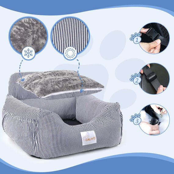 CALIYO Hundeautositz mit Stabiler Basis & Sicherheitsgurt | Hundesitz Auto für Kleine bis 10 kg | Memory Foam-Sitzauflage | Wasserdichter, Abwaschbarer Hundekorb mit Aufbewahrungstasche (Blau/Weiß)