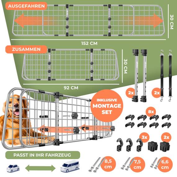 LOVPET® Hundegitter Auto Kofferraum – Universal Trenngitter für Hunde, verstellbar 92–152 cm, ohne Bohren & einfache Montage, Hundeschutzgitter Gepäckgitter Auto inkl. 2 Sicherheitsgurte, Grau