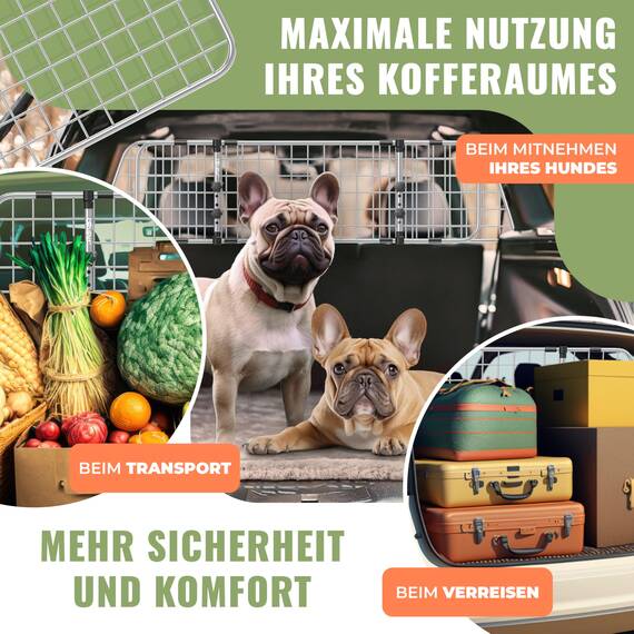 LOVPET® Hundegitter Auto Kofferraum – Universal Trenngitter für Hunde, verstellbar 92–152 cm, ohne Bohren & einfache Montage, Hundeschutzgitter Gepäckgitter Auto inkl. 2 Sicherheitsgurte, Grau