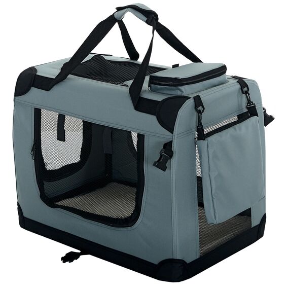 PET VIOLET Hundebox Hundetransportbox faltbar & robust für Auto & Reise – 50×34×36 cm – atmungsaktive Transportbox Transporttasche für Hunde & Katzen Stoffbox Tragetasche Grau