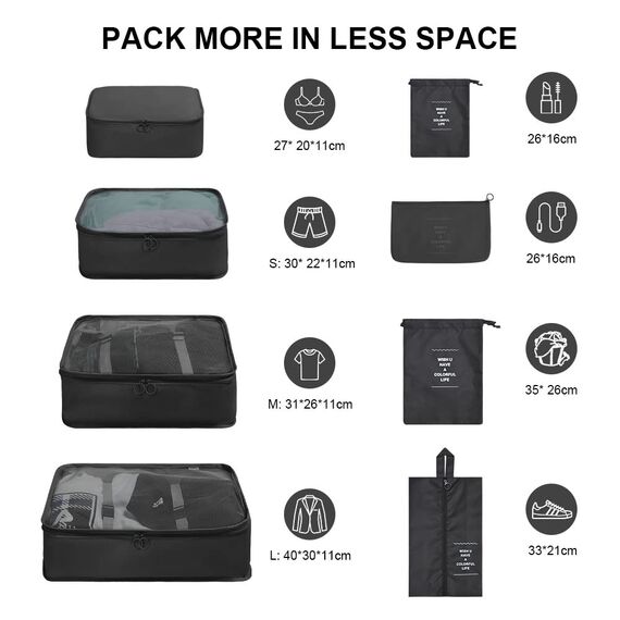 OSDUE Koffer Organizer Set 8-teilig, Packing Cubes, wasserdichte Reise Kleidertaschen, Packtaschen für Koffer, Verpackungswürfel mit Schuhbeutel, USB Kabel Tasche (Schwarz)
