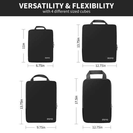 Eono by Amazon - Komprimierbaren Packwürfeln zur Organisation Ihres Reisegepäcks, Compression Packing Cube, Packtaschen Set & Gepäck Organizer für Rucksack & Koffer, Schwarz, 4-teilig