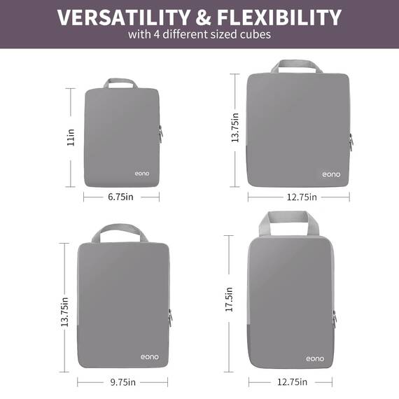 Eono by Amazon - Komprimierbaren Packwürfeln zur Organisation Ihres Reisegepäcks, Compression Packing Cube, Packtaschen Set & Gepäck Organizer für Rucksack & Koffer, Grau, 4-teilig