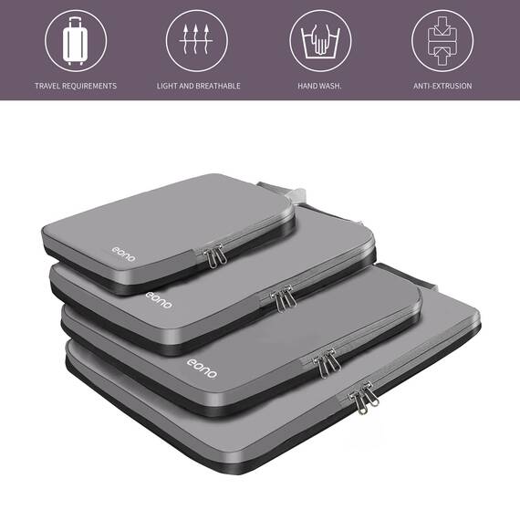 Eono by Amazon - Komprimierbaren Packwürfeln zur Organisation Ihres Reisegepäcks, Compression Packing Cube, Packtaschen Set & Gepäck Organizer für Rucksack & Koffer, Grau, 4-teilig