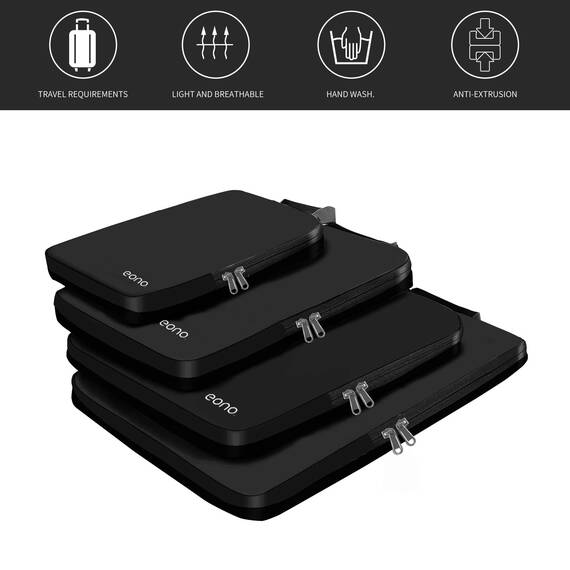 Eono by Amazon - Komprimierbaren Packwürfeln zur Organisation Ihres Reisegepäcks, Compression Packing Cube, Packtaschen Set & Gepäck Organizer für Rucksack & Koffer, Schwarz, 4-teilig