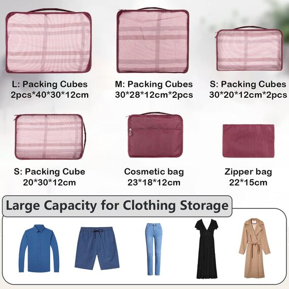 Große Koffer Organizer Set 12-teilig, Wasserdichte Packwürfel, Travel Organizer zum Gepäckpacken, Familienreisen, Aufbewahrung zu Hause Weinrot
