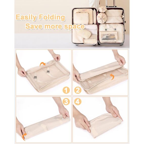 10-Teilige Koffer Organizer, Packing Cubes, Koffer Organizer Set, Kofferorganizer Wasserdichte, Packwürfel, mit Packtaschen, Kleidertaschen, Kosmetiktasche, Schuhbeutel, Organizer Koffer (Beige)