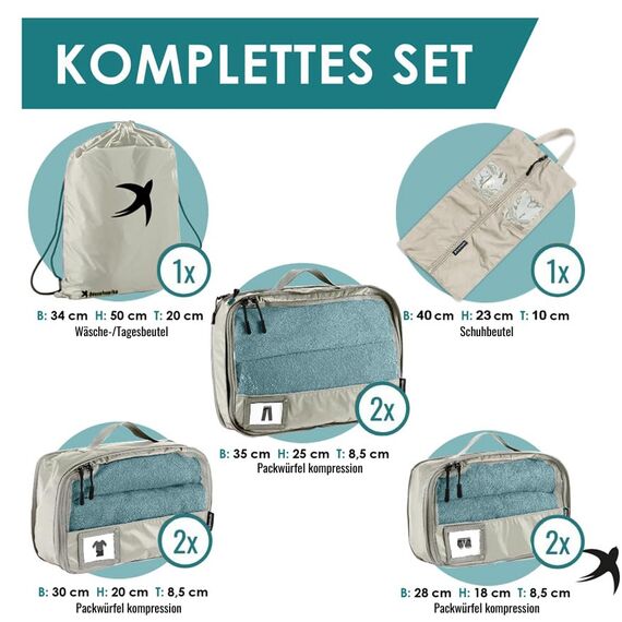 SEESCHWALBE Packing Cubes Compression | 8-teilig | Premium Packwürfel kompression als ultraleichte Rucksack Organizer oder Koffer Organizer | inkl. Schuhbeutel (beige)